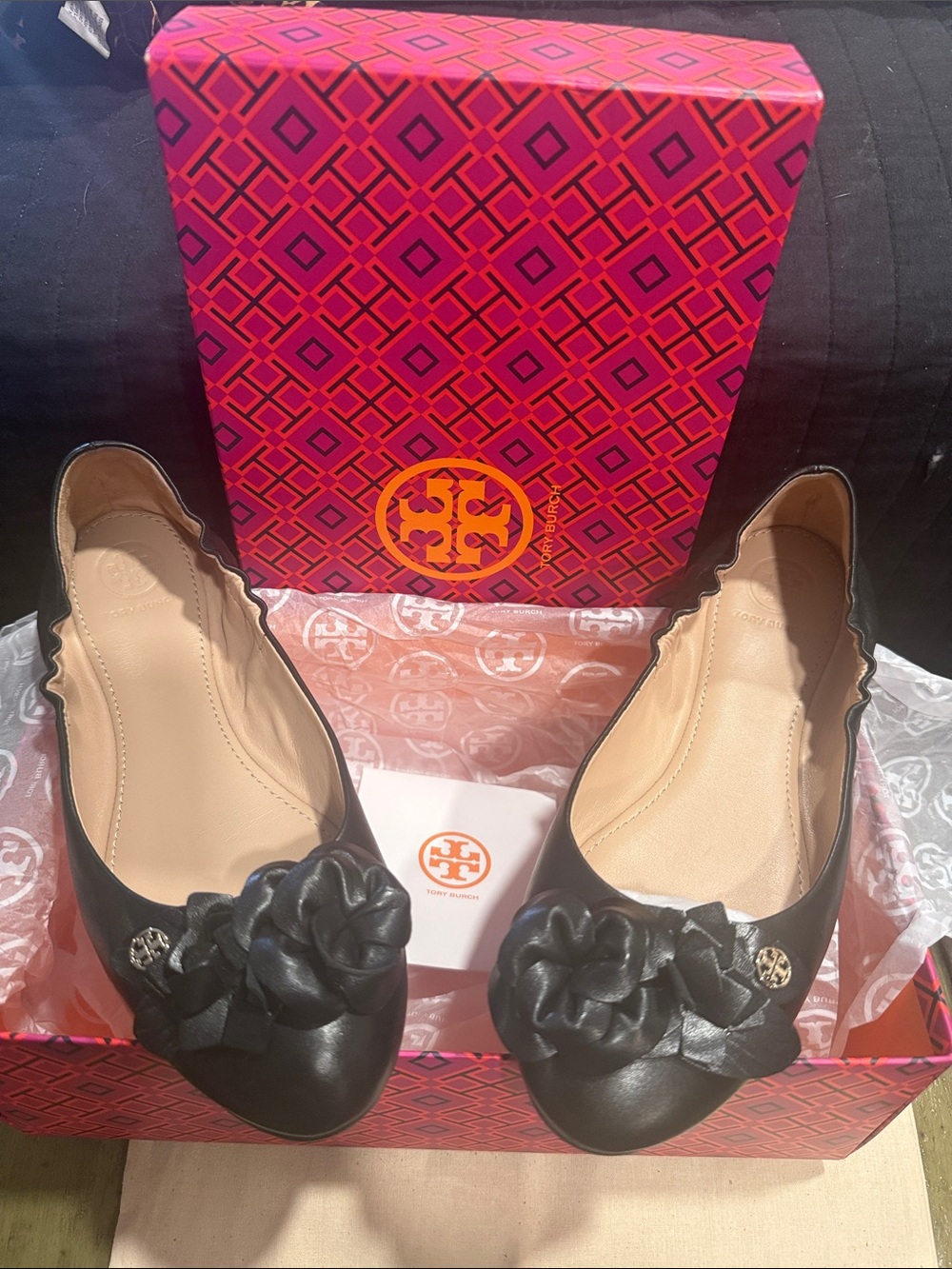 Tory Burch Black Camellia Ballet Flats